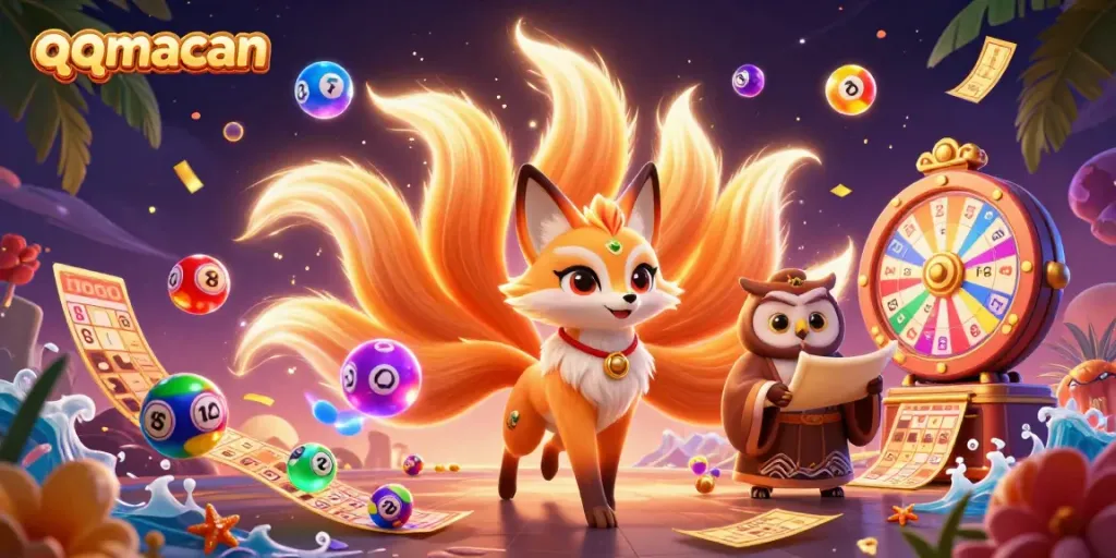 Experience thrilling gameplay with qqmacan amidst a vibrant scene of colorful lottery balls and dynamic prize elements.