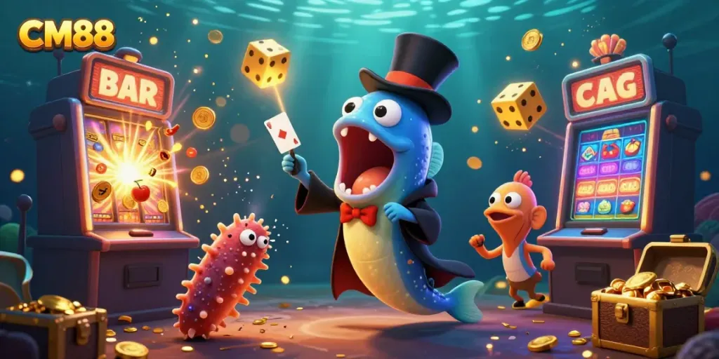 Engaging CM88 casino illustration featuring a magical underwater gamble scene with vibrant characters and dynamic game elements.
