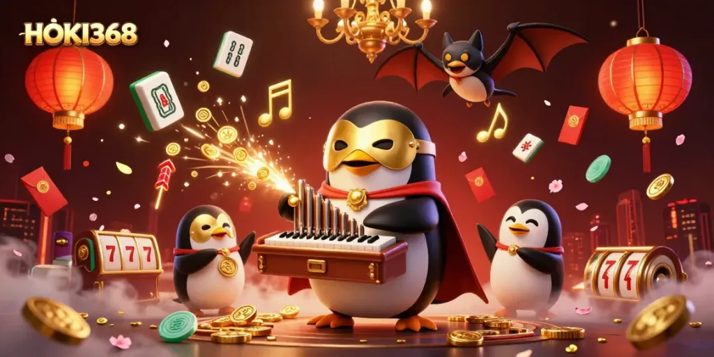 Play with HOKI368 at online slots surrounded by festive casino elements and enchanting characters.