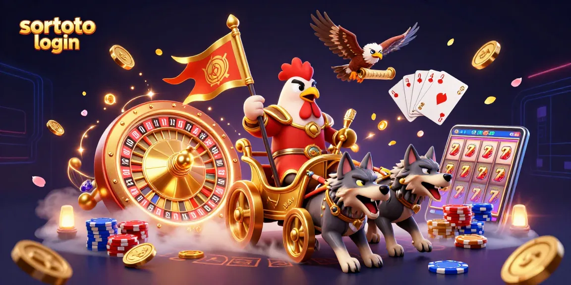 Engage in thrilling gaming with sortoto login, featuring a rooster warlord and dynamic casino elements.