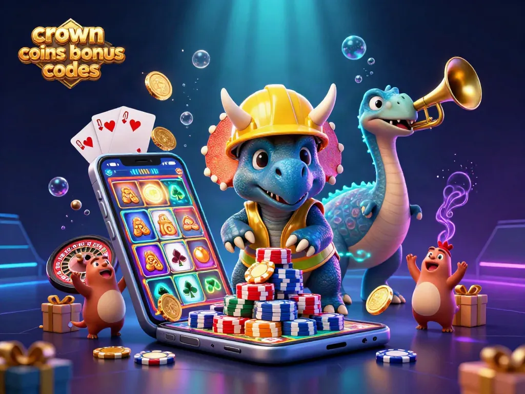 Engage with crown coins bonus codes in an animated casino scene of playful dinosaurs celebrating wins.