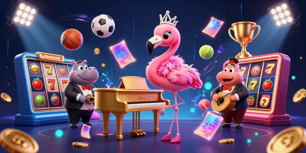 Slot yang menarik dengan penyanyi flamingo dan pemain hippo di kasino, detail penuh warna.