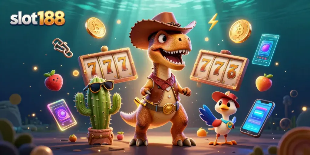 Slot188 menarik dengan dinosaur cowboy 3D dan simbol slot berkilau di lingkungan kasino virtual