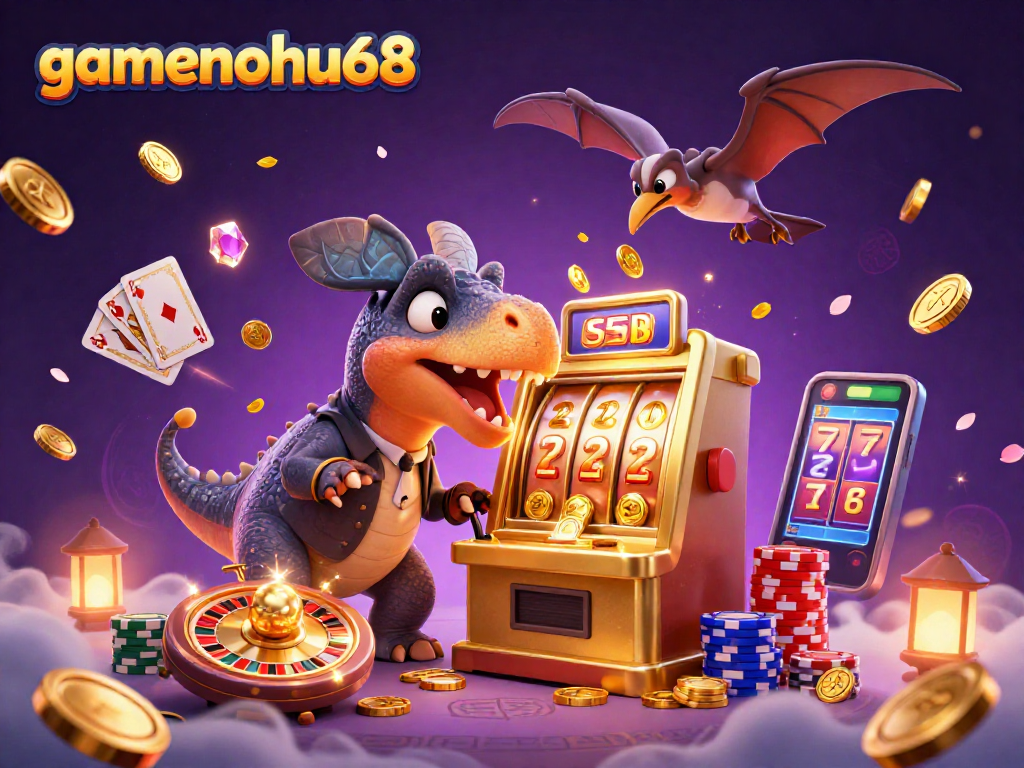 Experience thrilling gameplay with gamenohu68 as a pachycephalosaurus hits a slot machine in a vibrant casino scene.
