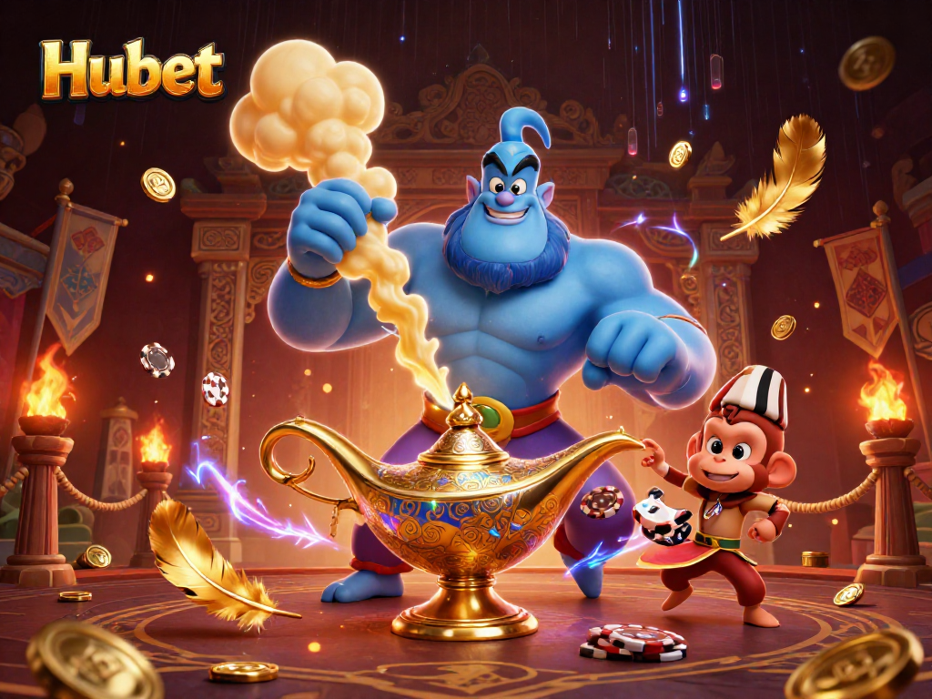 Experience Hubet's thrilling atmosphere with a dynamic 3D illustration of a genie, monkey, and magic carpet.