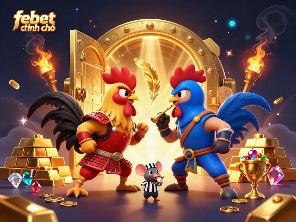Experience excitement with febet chính chủ as roosters battle in a vibrant casino scene.
