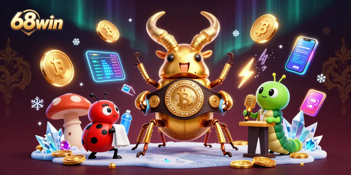 Experience thrilling action at 68win with a vivid illustration of giant beetles and vibrant crypto elements.