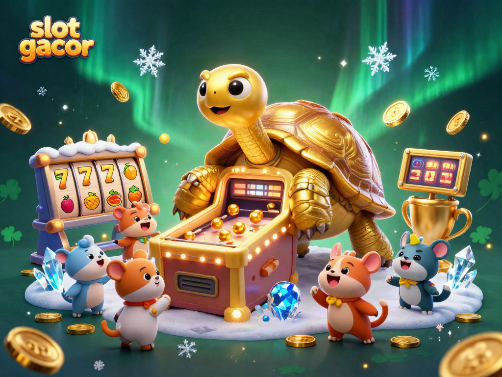 Engage in thrilling slot gacor experiences with a vibrant 3D casino scene featuring a golden tortoise.