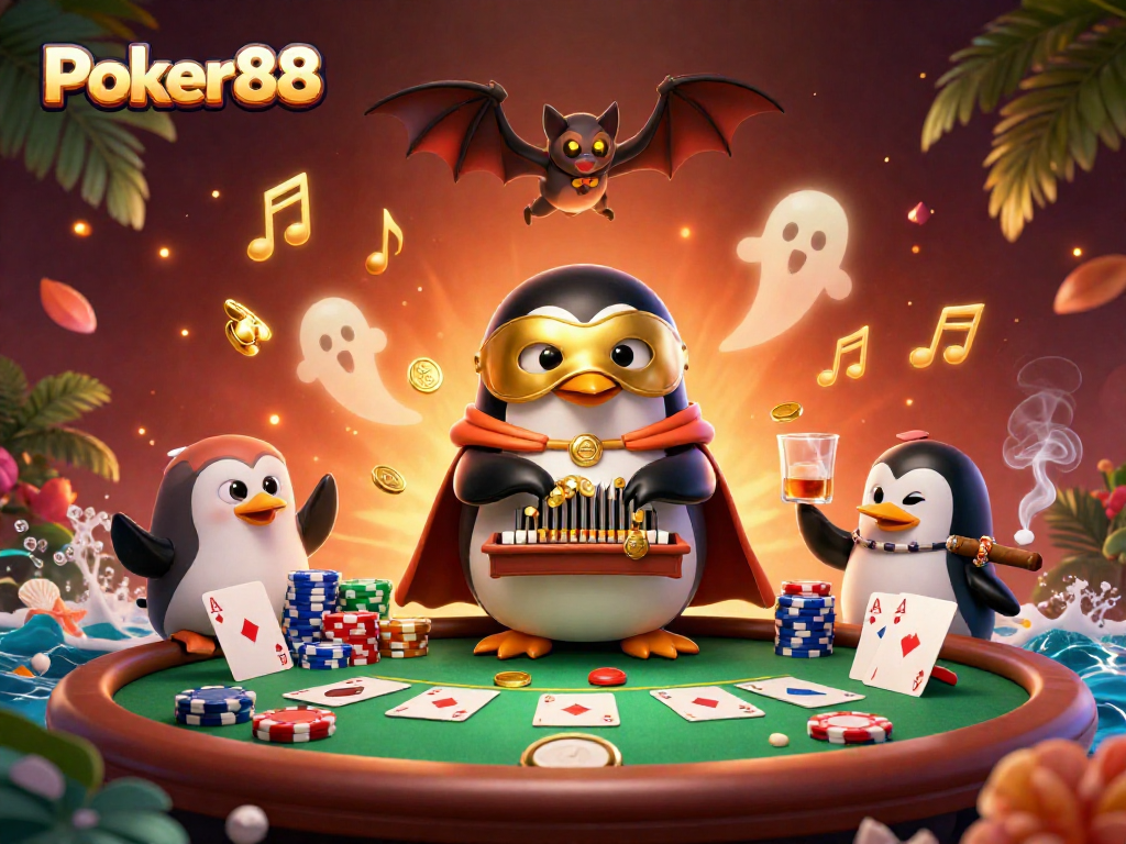 Engage with Poker88 as a phantom opera penguin plays a golden organ amidst vibrant casino elements.