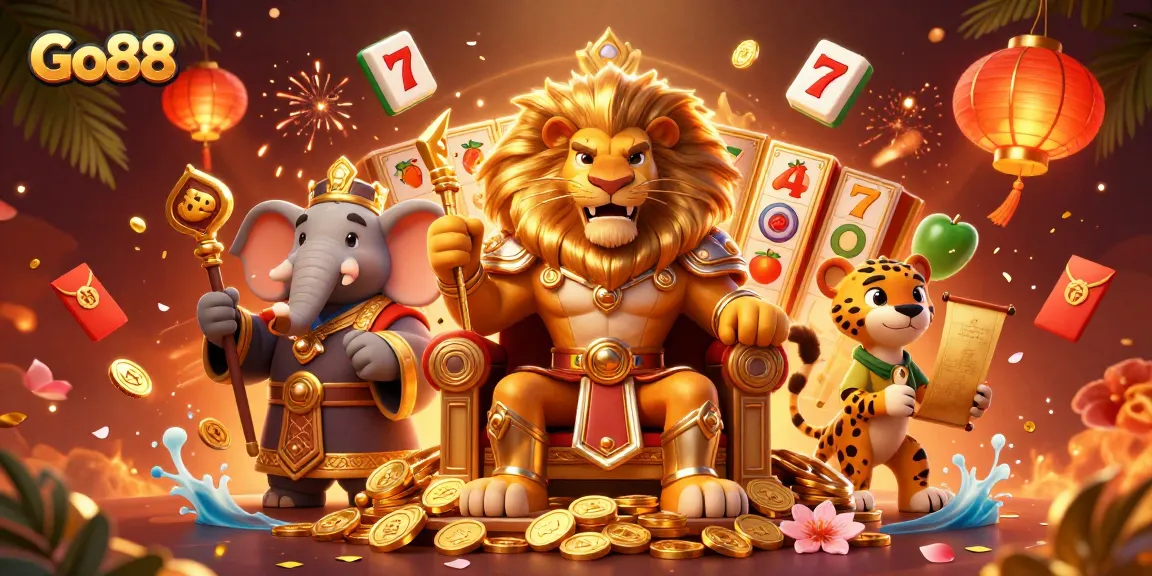 Experience the thrill of Go88 slots with a vivid scene of characters celebrating wins.