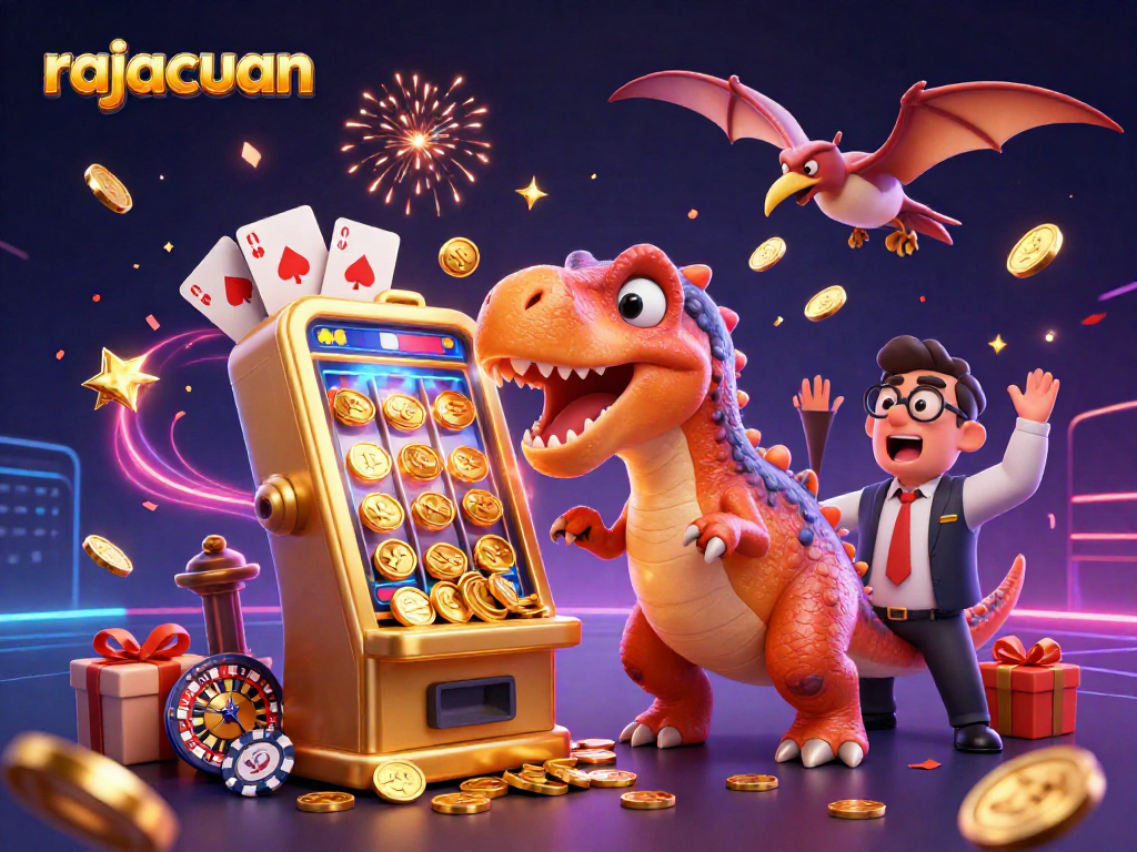 rajacuan showcases a pachycephalosaurus celebrating jackpot wins at a casino, surrounded by vibrant gaming elements