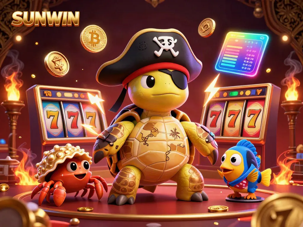 SUNWIN's vibrant casino scene with a pirate turtle, hermit crab, and parrotfish surrounded by colorful slot machines and crypto coins.