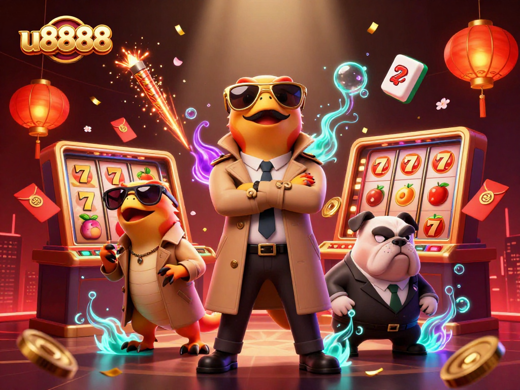 Raptors in a trench coat entering a VIP lounge at u8888 casino with lively gambling elements.