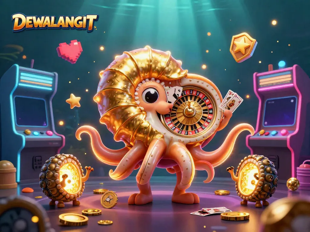 Gambarkan DEWALANGIT dalam ilustrasi 3D dengan karakter nautilus menggemaskan dan elemen kasino yang kaya.