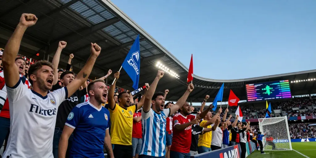 Football fans celebrating at a match while checking live scores on https://rbtv.io/ with vibrant energy.