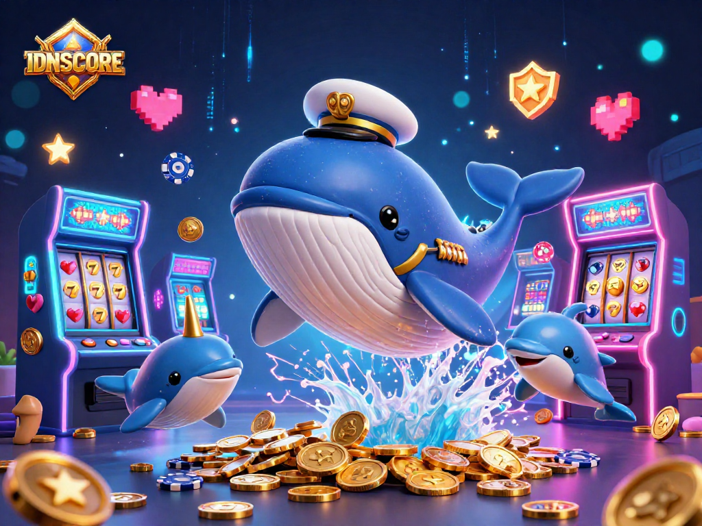 Experience fun gaming thrills at IDNSCORE with a vibrant whale captain, golden marine friends, and poker chip dolphins.