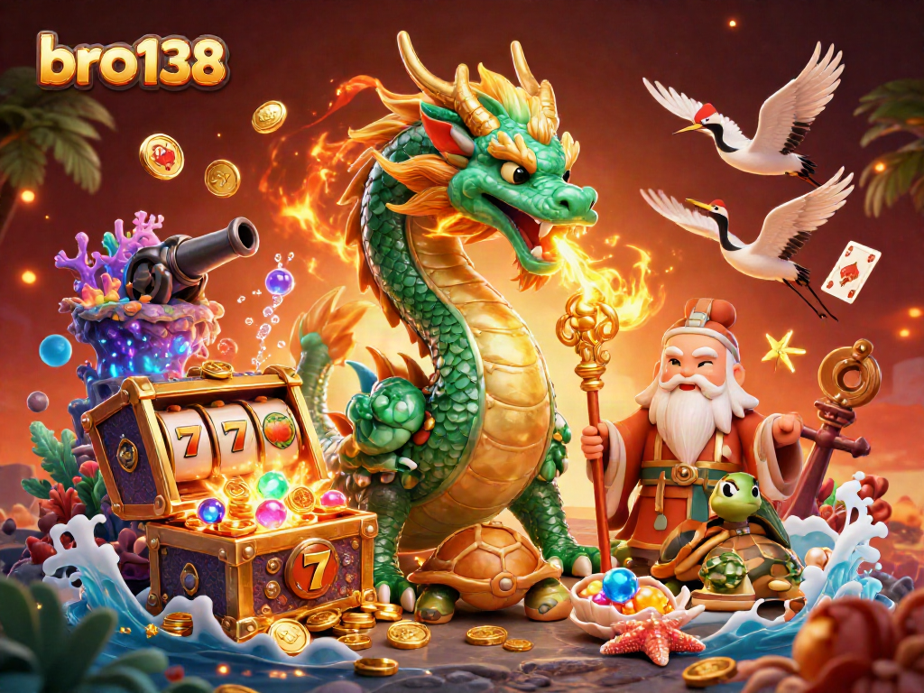 Play exciting games at bro138 with slots, fire-breathing dragon, and fortune elements surrounding the scene.