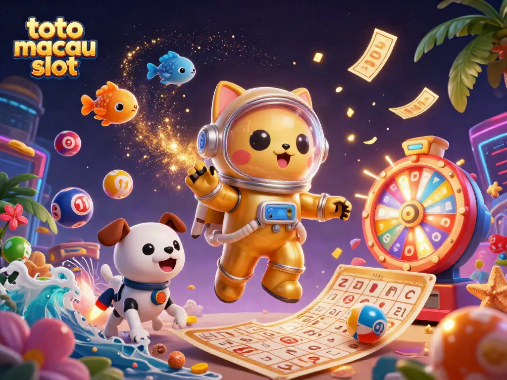 Menghadapi tantangan di toto macau slot dengan karakter astronaut dan ikan alien, bersemangat di lingkungan luar angkasa.