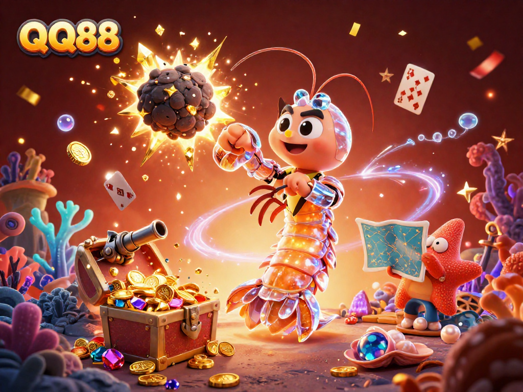 Engage in thrilling QQ88 casino adventures with a galactic samurai mantis shrimp and treasures exploding around.