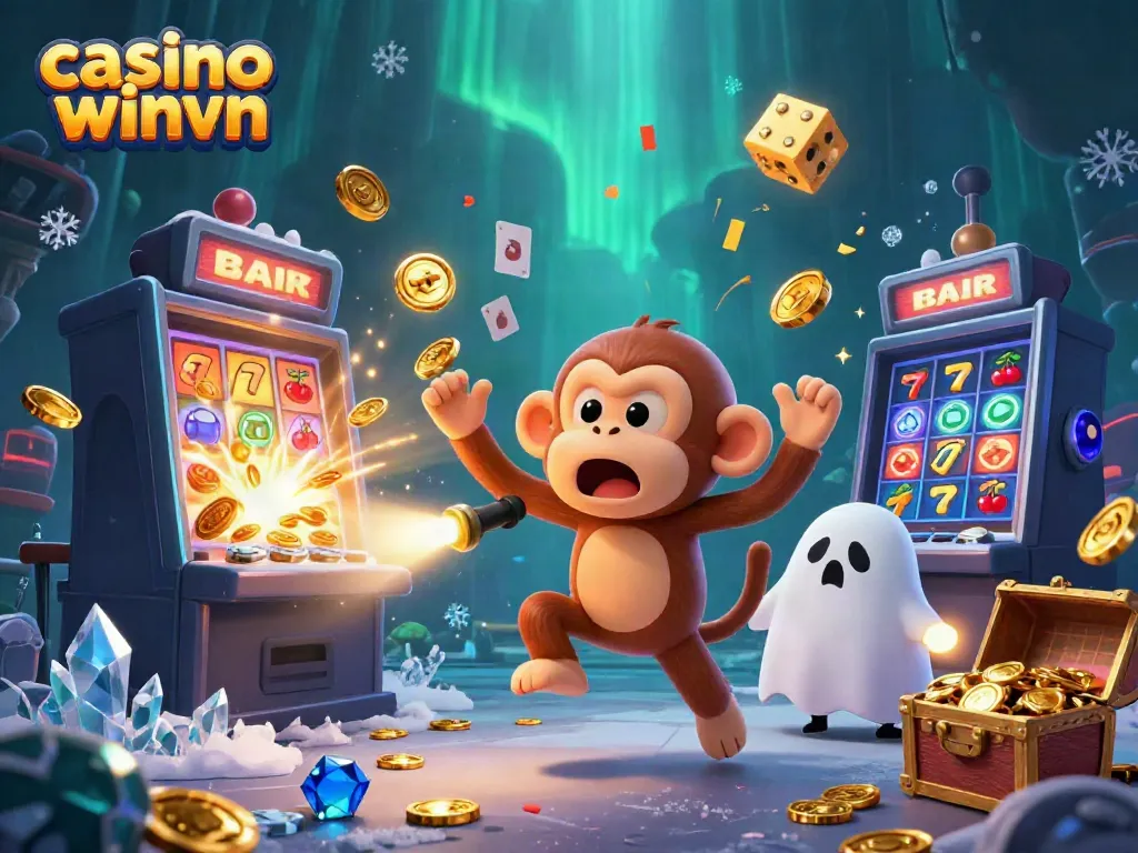 Experience the thrill of casino winvn with a playful ghost monkey and golden treasures in a vibrant casino scene.