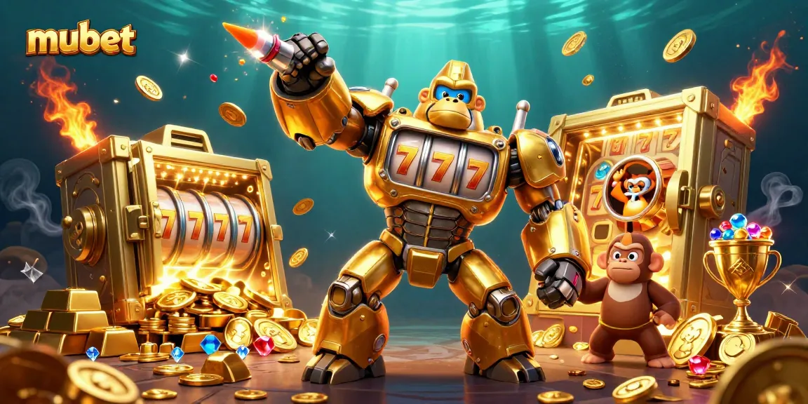 Experience the thrill of mubet with a golden gorilla mech smashing through coins and jackpots.
