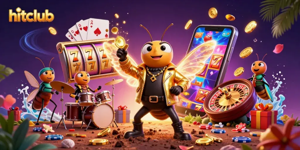 Engage with hitclub's vibrant 3D casino scene featuring a cicada rock star and dynamic game elements.
