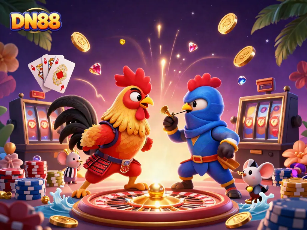 Engage with DN88's thrilling casino experience featuring spectacular fighting roosters, coins, and games.