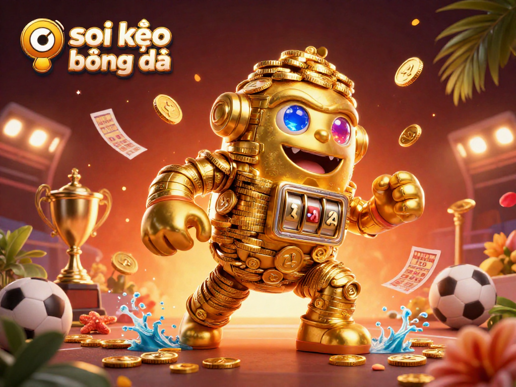 Place bets in style with soi kèo bóng đá, showcasing an ancient gold golem amid sports betting elements.