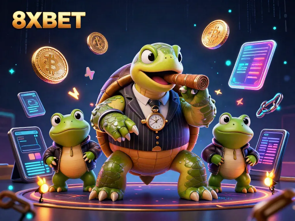 Experience gambling excitement with 8XBET featuring a cartoon turtle mobster and vibrant casino elements.