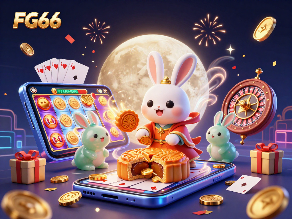 Spin colorful slot reels at FG66 with the moon rabbit, poker chips, and vibrant casino elements!