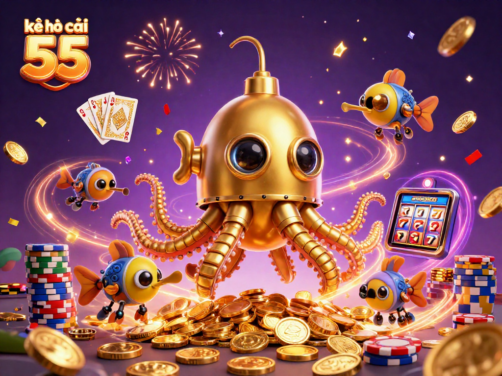 Experience the excitement of kèo nhà cái 55 with a golden kraken submarine surrounded by casino elements.