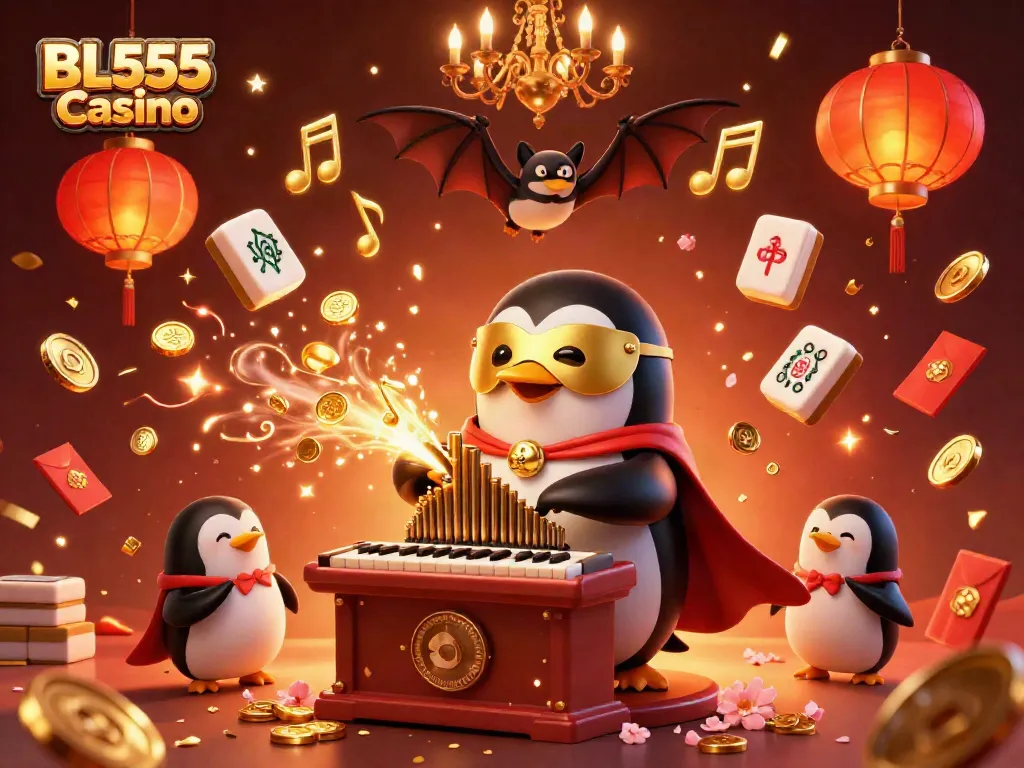 Experience exciting gameplay at BL555 Casino with vibrant visuals of a whimsical penguin and festive elements.