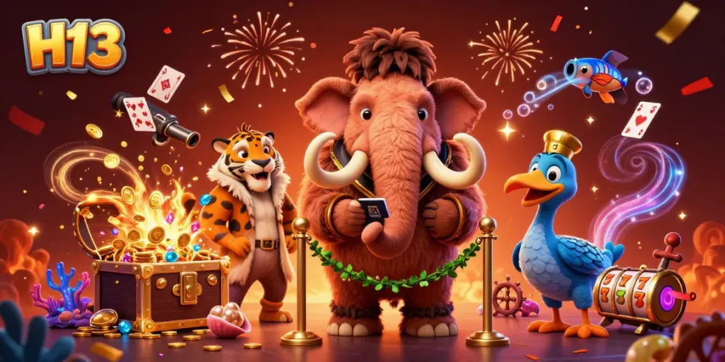 Experience the lively H13 casino scene with a woolly mammoth bouncer, saber-tooth VIP, and vibrant treasures