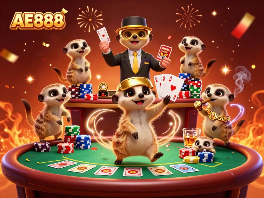 Experience the excitement of AE888 with meerkats managing an extravagant casino filled with colorful poker chips.