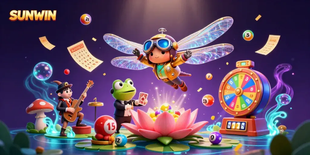 SUNWIN showcases a vibrant casino scene with a dragonfly pilot, frog dealer, and dynamic lottery elements for an engaging gaming experience.