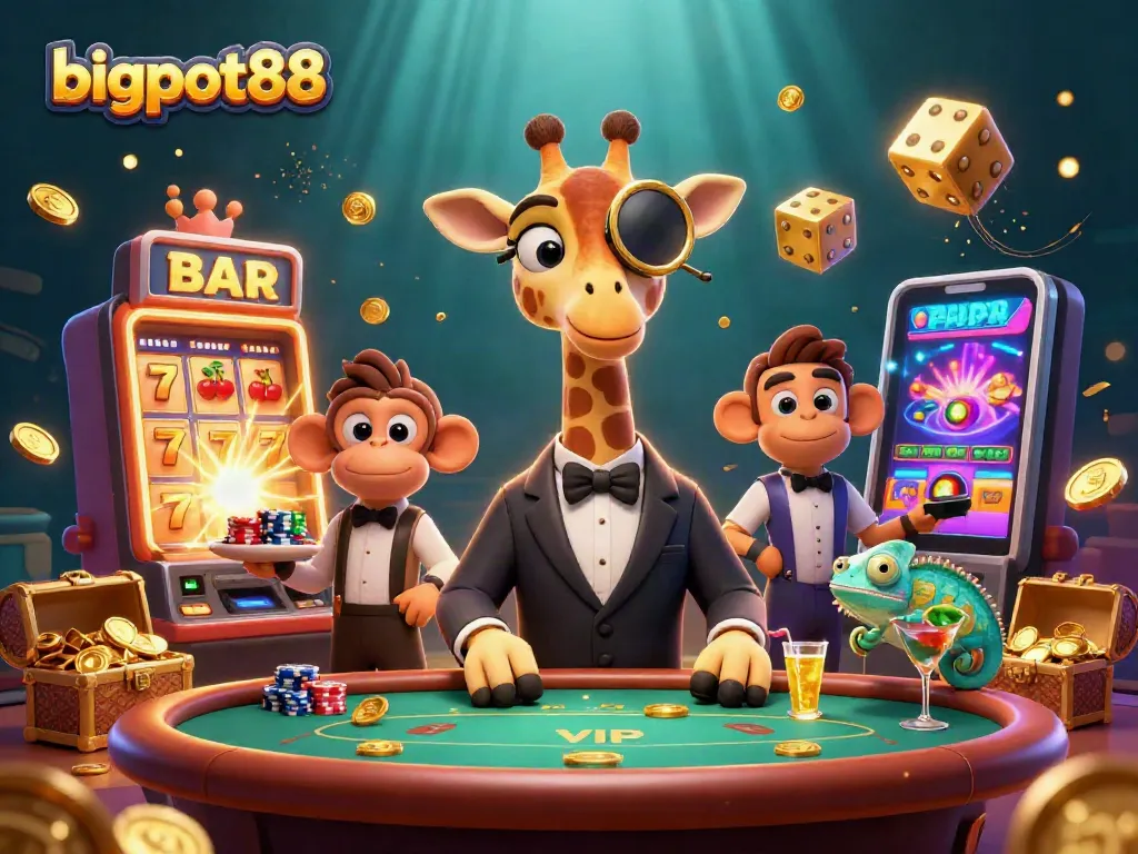bigpot88 menyajikan ilustrasi kasino dengan pengunjung eksekutif bermain di meja poker berkilau.
