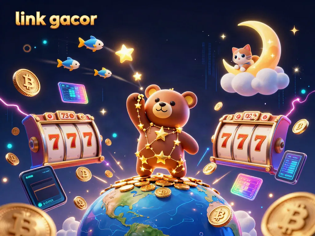 Spin to win at link gacor with a vibrant 3D cartoon scene of a constellation bear and festive game elements.