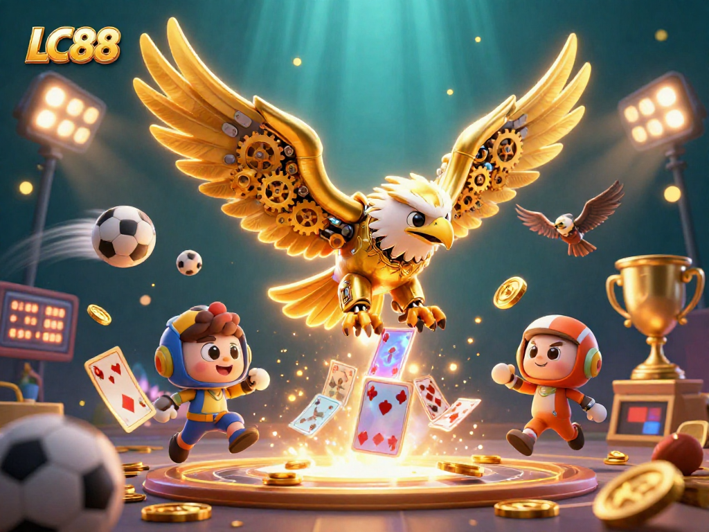Experience the excitement of LC88 with a vibrant 3D illustration of a golden eagle amidst dynamic casino elements.