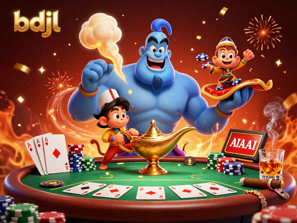 Engage with bdjl casino magic featuring a genie, poker chips, and celebratory confetti.