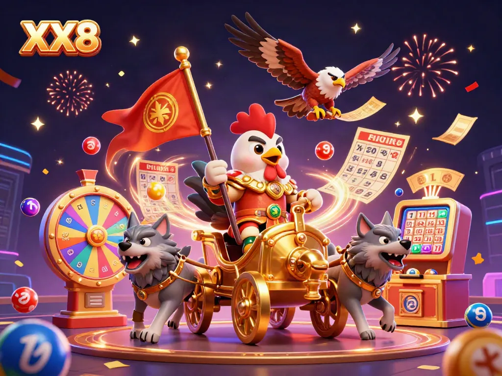 Experience the excitement of XX8 with a colorful casino scene featuring dynamic lottery elements and a heroic rooster warlord.