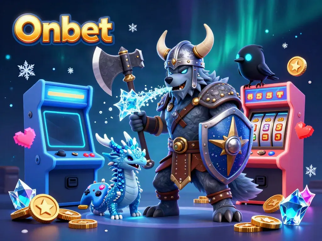 Engage with Onbet's thrilling world, where a Viking warrior, fierce dragon, and raven celebrate gaming excitement.