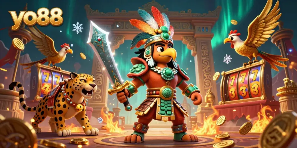 Experience thrilling wins at yo88 with an energetic casino scene featuring warriors and slot reels.