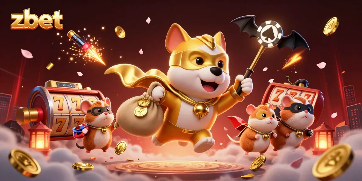 Experience zbet gaming excitement with a superhero dog and hamster amidst slot reels and festive elements.