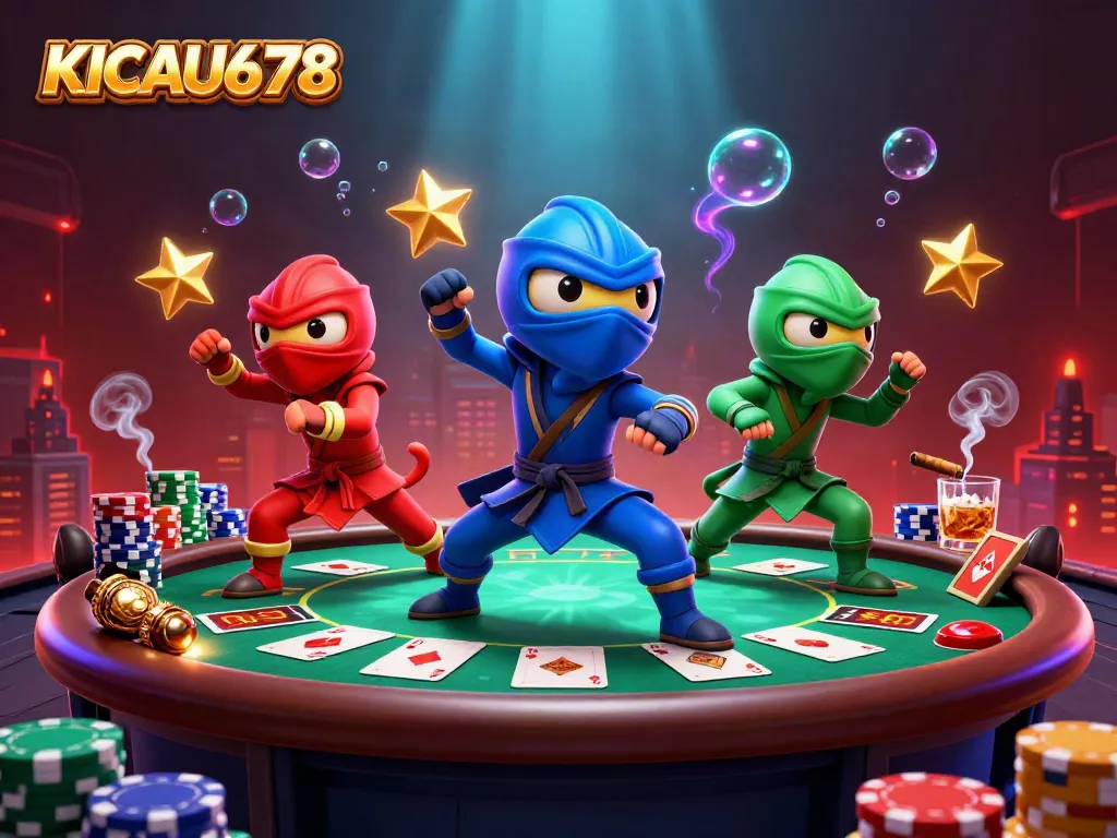 KICAU678 showcases a dynamic scene of ninja chameleons on a casino rooftop, enhancing the gaming atmosphere.