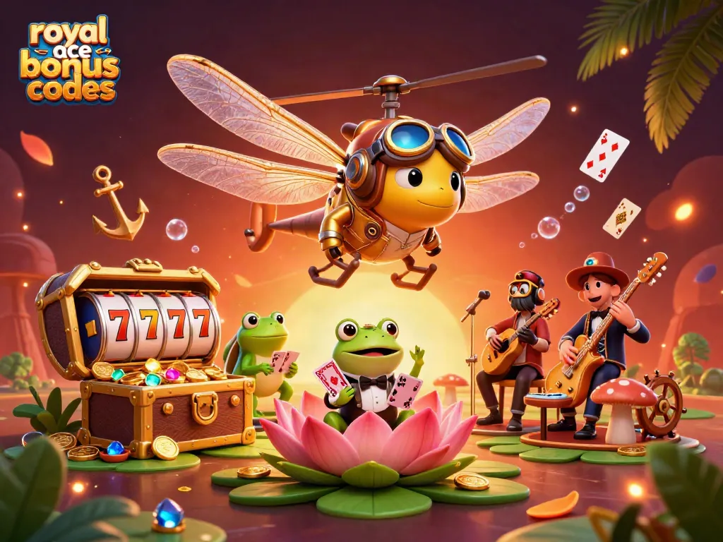 Experience winning fun with royal ace bonus codes at a vibrant lily pad casino illustration.