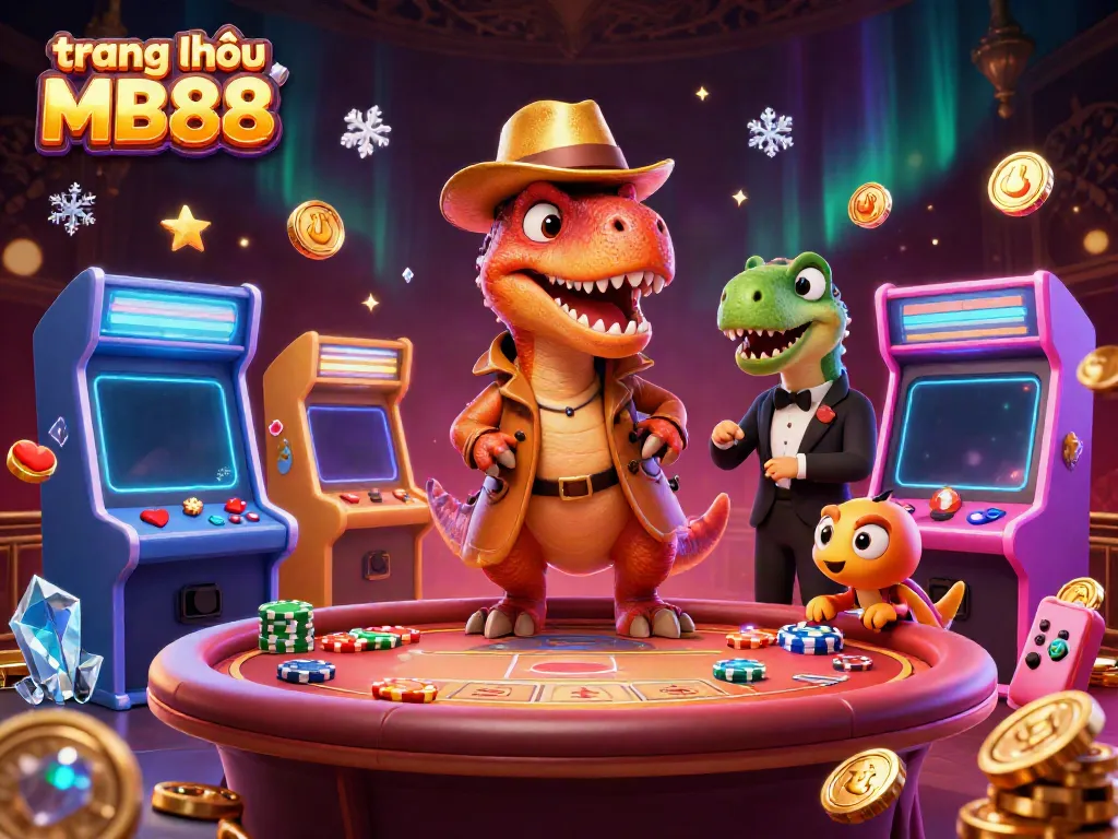 Experience the excitement of trang chủ MB88 in a vibrant casino scene featuring a velociraptor playing blackjack.