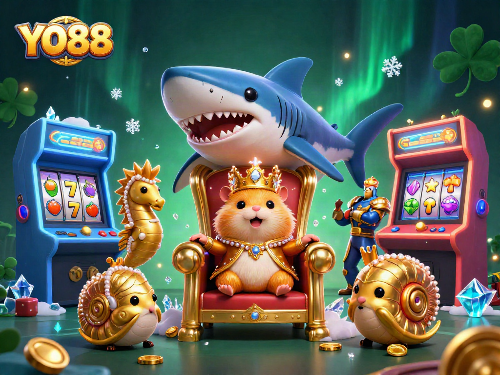 Engage with YO88’s vibrant and dynamic gaming experience featuring a golden hamster king and arcade machines.