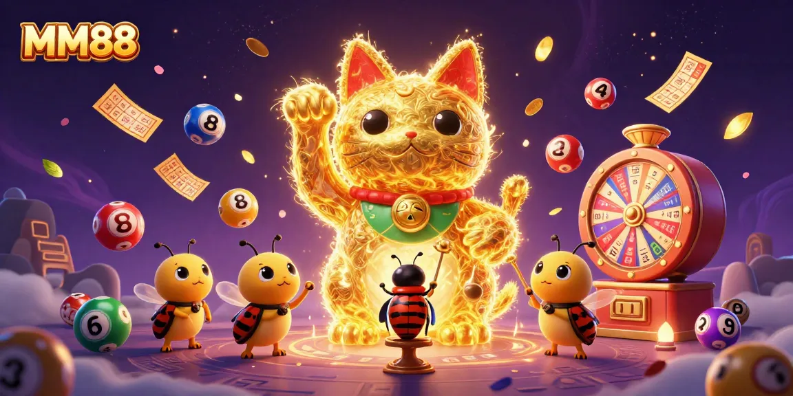 Engage with MM88's vibrant gambling world, featuring a lucky cat and dynamic lottery elements.