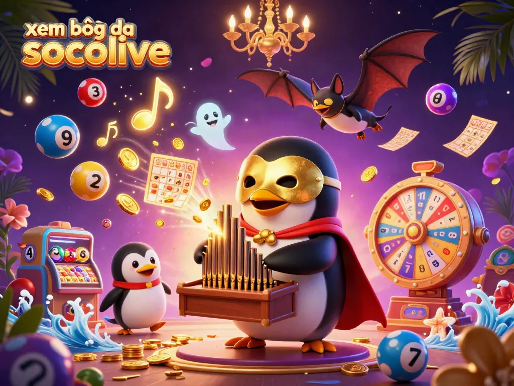 Engage in xem bóng đá socolive with an exciting scene featuring a magical penguin organist and vibrant gambling elements.