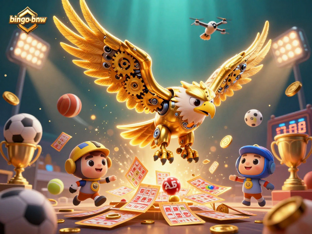 Bingo-bnw invites gamers to experience the thrill of online bingo with vibrant scenes featuring energetic golden eagle.